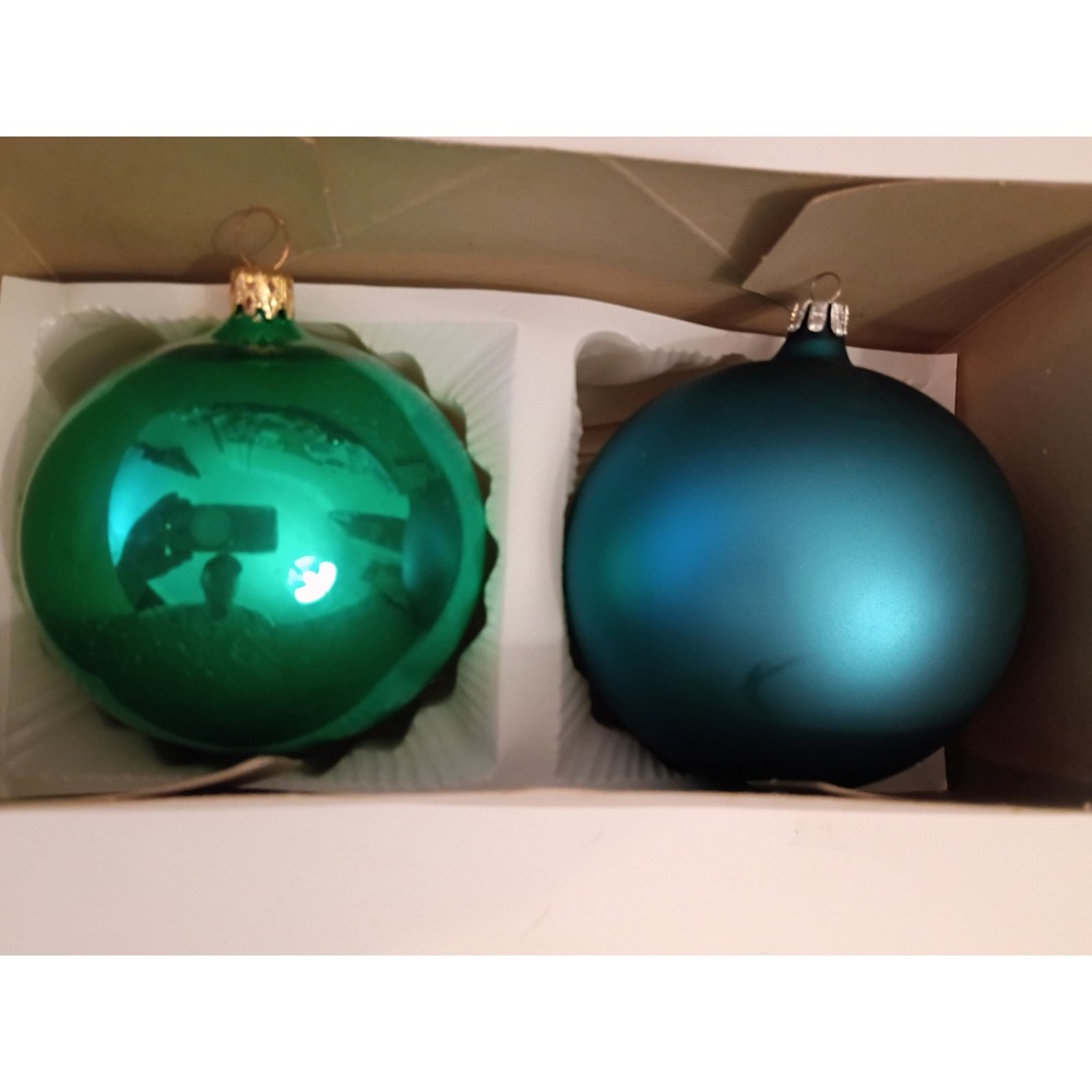 Vintage Glass Christmas Ball Ornaments Emerald Green Shiny & Teal Matte Set of 2
